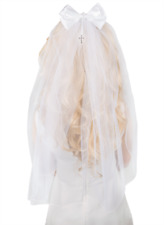 Girl's White First Holy Communion/Confession Veil with Diamante Cross Bow, 21"L