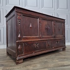 Antique William III Oak Mule Chest Carved Coffer Drawers – Blanket Trunk C. 1690