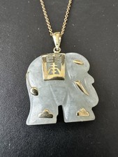 Vintage 14K Gold & Carved Jade Elephant Pendant Necklace – Shou Longevity- Chain