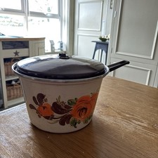 Retro Baumann West Germany orange Rose and brown large enamel saucepan