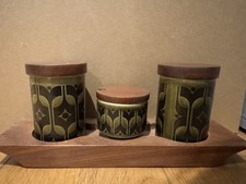 Vintage Hornsea  Heirloom  Green Cruet Set on Wooden Stand.