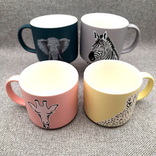 Set Of Four - Multicoloured - Wild Zoo Animal Print - Porcelain Mugs 