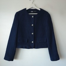 Zara Navy Textured Boucle Short Blazer Jacket Size L Large 12 14