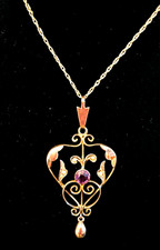 9ct ROSE GOLD BELLE EPOQUE AMETHYST & SEED PEARL PENDANT WITH FINE CHAIN