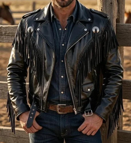 Men black leather fringe - black,