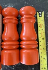 Danish Vintage Salt And Pepper Pots. Wooden. Flame Orange. Stamped Denmark. 1972