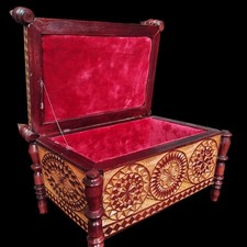 Antique Hand Carved Ukrainian Ash Wood Jewelry Box with Velvet Lining Mid 20th