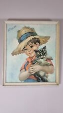 Vintage Art Big Eyed Boy Frame Print Strevens Kitsch 1970s Boy Kitten Cat