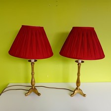 Pair of Laura Ashley Brass Candle Stick Lamps 16" with original cranberry shades