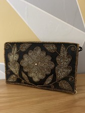Ladies Vintage And Beaded Envelope Clutch Evening Bag Rope Strap Black Gold 90s