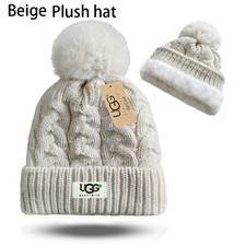 UGG Fur Lined Beanie Hat Cable Knit One Size Pom Pom Bobble Beige Brown New