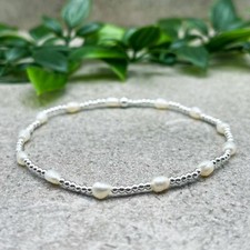 Sterling silver and freshwater PEARL beads stretch stacking bracelet dainty