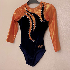 Alpha Factor Gymnastics Competition Leotard 3/4 rhinestone orange blue velvet CL