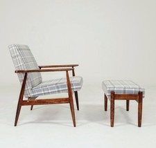 Vintage Modern Design Armchair & footrest tartan Plaid Wooden Living Room Set