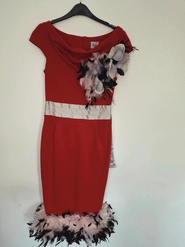 Red feather trim dress - feather, –