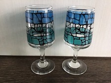 CHESTERFIELD DEMA SET OF 2 BLUE MOSAIC GLASSES SHERRY LIQUER 4.5” VINTAGE RETRO