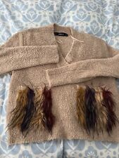 Zara Knit Tan Wool Blend Faux Fur Pocket Fuzzy Teddy Bear Sweater sz S Fluffy