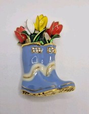 Tulips & Wellies Wellington Boots Vintage Art Deco Look Brooch Enamel Pin Gift