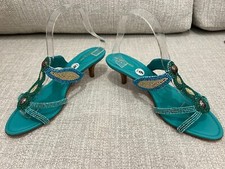 Sergio Rossi Turquoise/Beige  Beaded Kitten-Heel Sandals Shoes 39