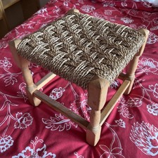 Vintage Mid-Century Wooden Stool With Woven Seat cottagecore
