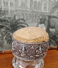 ANTIQUE INDIAN SILVER PIN CUSHION - C1900. REPOUSSE STYLE. GOOD CONDITION.