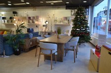 Large Dining Set Scandi Wood 220cm Table + 6 Grey Fabric Chairs Modern Baker