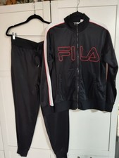 FILA Satin-ish vtg Track Suit – Jacket & Joggers Set – Black/Red/White Sz Lg EUC