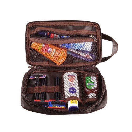 Brown leather washbag men - washbag,