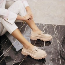 Women's Suede Platform Loafers Light Beige/Peach Colour.
