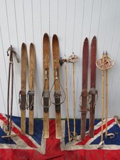 THREE PAIR ANTIQUE VINTAGE WOODEN CHIKDRENS SKIS &  POLES 109cm TO 119cm
