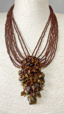 Brown Bead Multistrand Necklace Seed Tigers Eye Chip Lagenlook Boho Ethnic 46cm