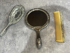 Vintage Heavy 3 piece vanity set dresser set mirror brush comb silver plate
