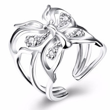 Silver Plated Adjustable Butterfly Ring with Diamante Crystals 18mm Wide