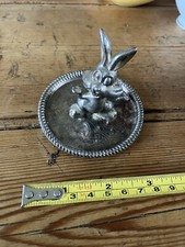 Tdg3 Vintage Trinket Dish Silver Metal Rabbit Hare Ring Holder