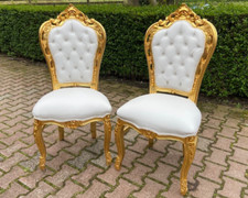 Dining Chairs Italian Baroque Set of 2 Gold Leaf Carved Upholstered Elegant