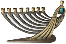 VINTAGE SOLID BRASS MENORAH WITH LAPIS STONE CHANUKKAH 1969 ISRAEL