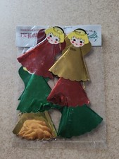 Vintage Retro Christmas Decorations Foil Cardboard Angels Tree Pack x 6 Red 80s