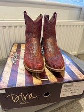 Diva By Lucchese Short Red Crackle Cowboy Boots Size US 8.5