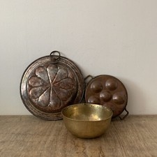 Vintage Wagner Germany Copper Pan/Tin Mould/Heavy Brass Bowl Kitchenalia Decor