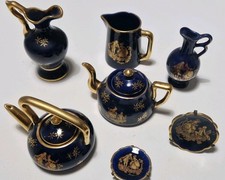 La Reine Limoges France, Cobalt Blue Miniature Collection 22ct Gold Gilt