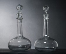 Pair Of Antique Shaft & Globe Crystal Glass Decanters Faceted Stoppers