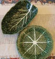 Majolica John Buck Portugal.  Green Cabbage Leaf.  Set of 4 plates and 1 bowl.