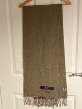 Moschino 100% Merino Wool Scarf Beige With Black Letting And Fringed Ends