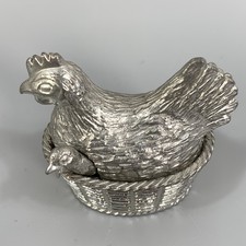 Vintage Miniature Hen On Nest Salt Cellar Dip Chick Spoon Silver Tone Metal Rare