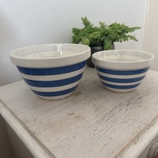 Two Vintage Cornish Ware Blue & White Striped Bowls 7 Inch 5.5 Inch