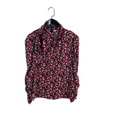 Zara Black Red Green Rose Print High Scarf Neck Puff Sleeve Blouse - Size S