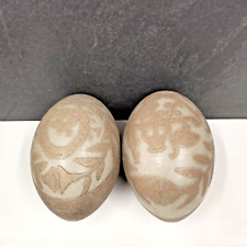 Vintage Hand-Carved Emu Eggs Pair Kangaroo & Emu 'Luck' Australiana Folk Art 6x4