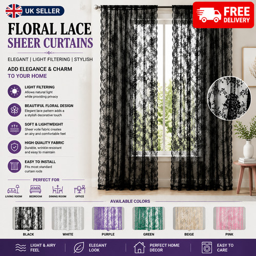 Lace sheer curtain panel - sheer,