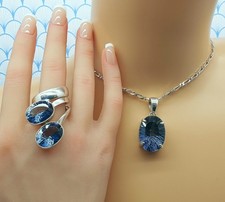 Vintage 925 Sterling Silver Large Blue Mystic Topaz Necklace & Ring Set with Box