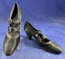 Vintage 1920s Black Silk Satin Cutout Button Strap Mary Jane Flapper Shoes